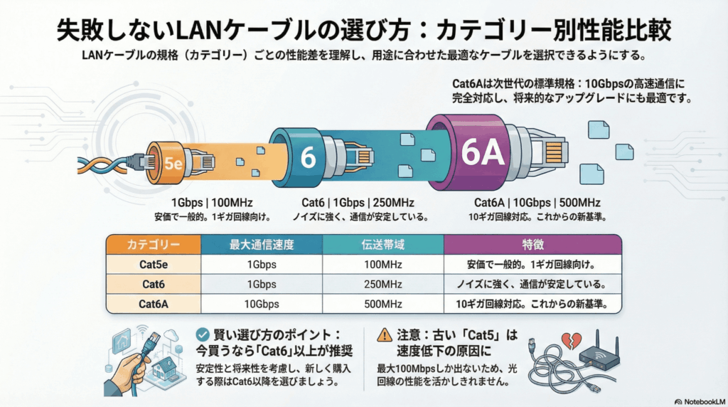 Cat5eやCat6など規格ごとの通信速度の違い
